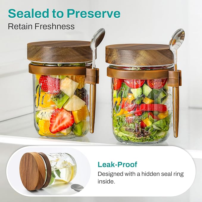 4 Pack Overnight Oats Containers with Wooden Lids and Spoons, 16oz Glass Mason Overnight Oats Jars with Lids, Large Capacity Airtight Jars for Milk, Cereal, Fruit