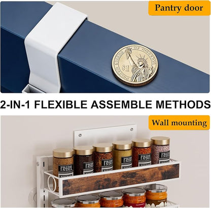 6 Tier Over The Door Pantry Orangizer 2 IN 1 Wall Mounted or Hanging Spice Rack with Adjustable Wood Basket,Heavy Duty Seasoning Storage Shelf for Kitchen Pantry and Bathroom
