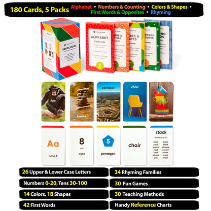 Award-Winning Flash Cards for Preschool & Kindergarten – 5-Deck Set, 180 Jumbo Cards – Learn Alphabet, Numbers, Colors, Shapes, First Words, Opposites & Rhyming – for Kids Ages 2–5