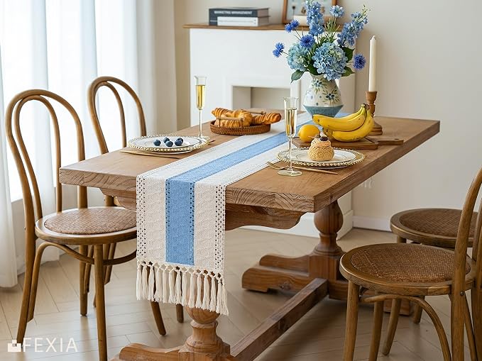 FEXIA Summer Table Runner Light Blue for Home Decor with Tassels 72 Inches Farmhouse Long Rustic Table Runner Macrame Burlap Centerpieces for Tables Decoration for Baby Shower(12x72 Inches)