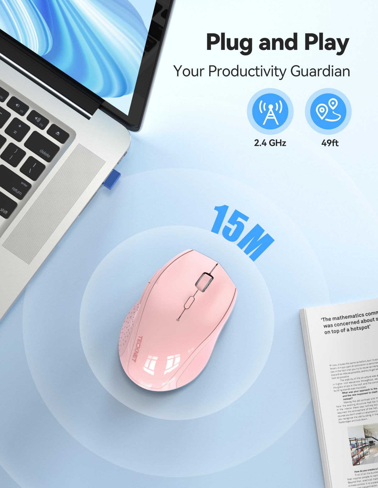 TECKNET Wireless Mouse Rechargeable,Mouse for Laptop Computer,2.4G USB Computer Mice Wireless,6 Button 6400 DPI Ergonomic Silent Mice,Portable Cordless Travel Mice-Wide Compatibility