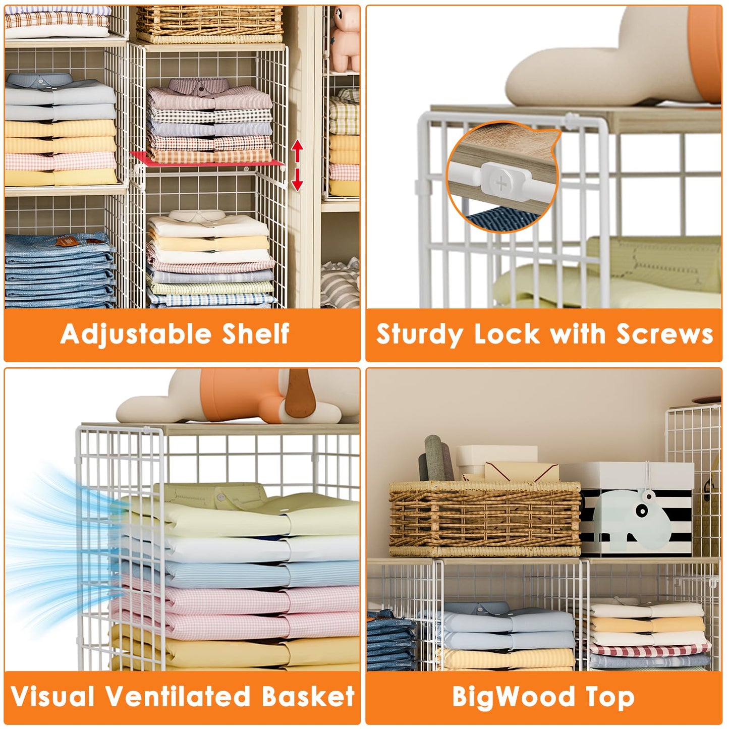 Hencawima 5PCS Stackable Closet Organizers and Storage, Closet Shelves with Wood Top Extra Storage, Clothes Storage Organizer Basket Bin/Cube for Home Wardrobe Organization(White-Sturdy Metal)