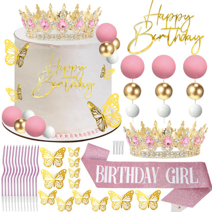 AMZVALU Crown & Birthday Sash for Women - Crown Happy Birthday Cake Topper Candles Balls Butterfly | Corona Para Pastel | Sweet Crown Decorations for Queen Princess Bride Wedding Prom (Gold, Pink)