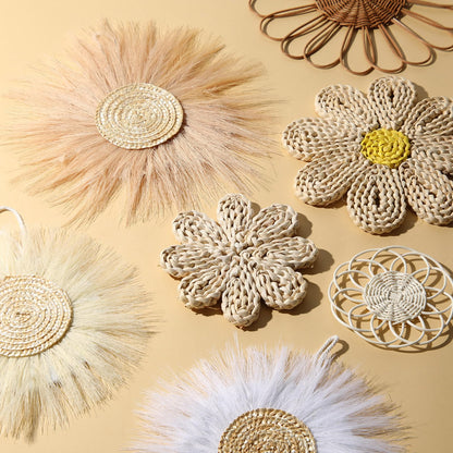 Chunful 7 Pcs Boho Wall Basket Decor Rattan Flower Wall Decor Nursery Daisy Flower Woven Macrame Hanging Flowers for Baby Kids Girls Farmhouse Bedrooms Living Rooms Kitchen Home(Light Beige Yellow)