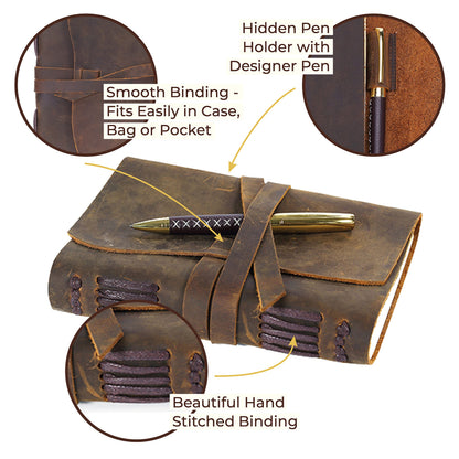 Leather Journal Gift Set with Antique Leather Bookmark + Pen, Handmade Writing Notebook 7x5 Inches Unlined Leather Bound Daily Notepad For Men For Women, Luxury Gift Box Diary for all ages