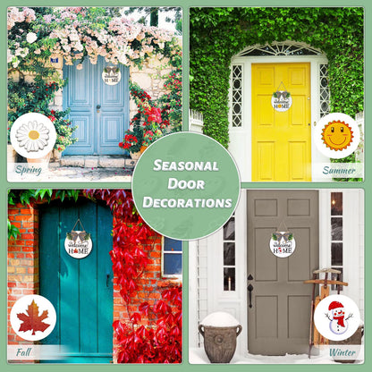 Interchangeable Welcome Sign for Front Door - Solid Wooden Welcome Wreaths with 16 Seasonal Holiday Icons Front Door Decor for Farmhouse Hanging, Valentine's, Easter Christmas Housewarming Gift Decor