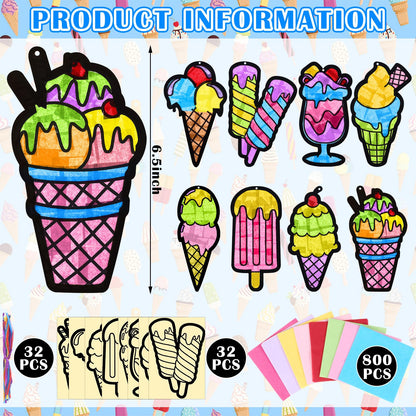 Eersida 32 Sets Summer Craft Set, Summer Ice Cream DIY Stained Glass Tissue Paper Kits SunCatcher Kits for Window Activities Art Home Boys Girls Birthday Party Decorations Favors Gift