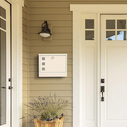 LAND·VOI Locking Mailbox Wall Mounted, Metal Postbox with Three Sets of Mail Box Number Stickers, 4 Keys, 14.4" x 4.5" x 11.2", Large Capacity, Textured White, AMB11W