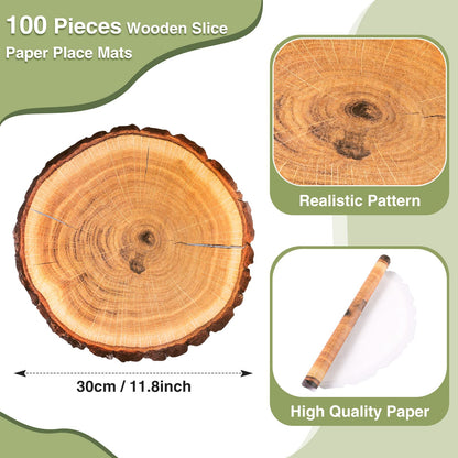 TaoBary 100 Pcs Disposable Wood Slice Woven Paper Placemats Rustic Charger Round Place Mat Bulk Table Paper Placemat for Farmhouse Birthday Wedding Dinner Baby Shower Hawaii Party Supply (Wood Slice)