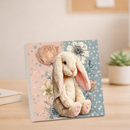 Easter Bunny Wooden Block Sign, Cute Floral Spring Farmhouse Decor Shelf Sitter for Table Mantel Tiered Tray, Pastel Easter Home Accent Gift