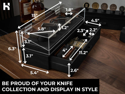 Premium Pocket Knife Display Case for 10 Knives - Wooden Knife Organizer, Storage & Holder with Unique Pillars, Hinged Cover, Drawer - Knife Collection Box - Handcrafted Father's Day Present for Men