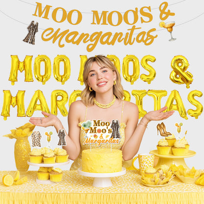 Moo Moos and Margaritas Decorations Gold Moo Moos & Margaritas Foil Balloon Banner Margarita Theme Cake and Cupcake Toppers Kit for Bachelorette Party Ladies Night Bridal Shower Birthday