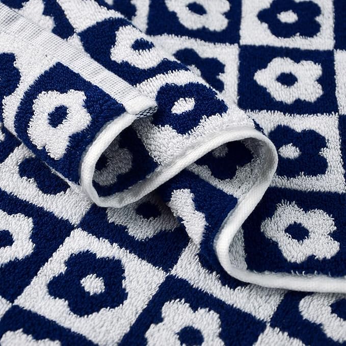 Jacquotha Cotton Hand Towels Navy Checkered Floral