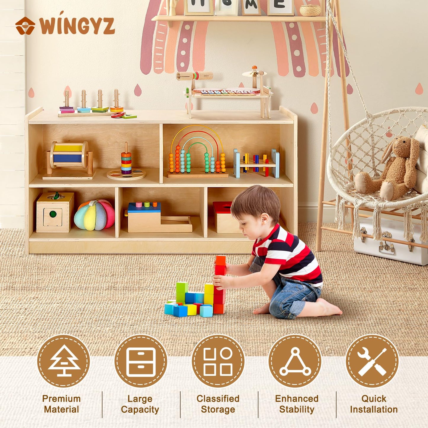 WINGYZ Wooden Storage Cabinet, 5-Section Montessori Bookshelf, Kids Toy Storage Organizer Book Shelf for Kids Rooms, Classroom, Playroom, Nursery, Preschool Book Shelves