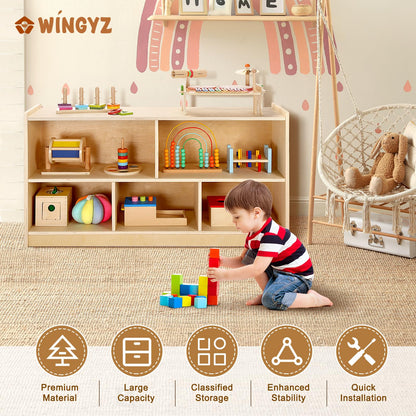 WINGYZ Wooden Storage Cabinet, 5-Section Montessori Bookshelf, Kids Toy Storage Organizer Book Shelf for Kids Rooms, Classroom, Playroom, Nursery, Preschool Book Shelves