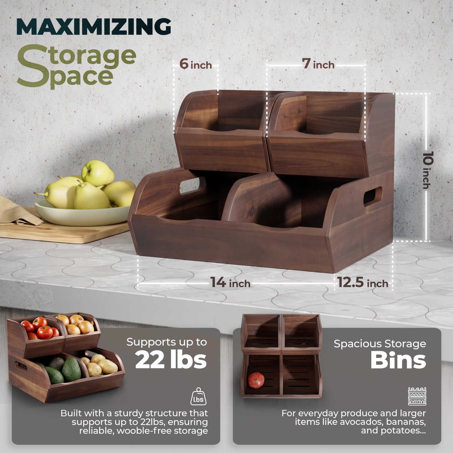 NAGAWOOD Acacia Wood Pantry Storage Bins - Stackable Open Front Kitchen Baskets with Airflow Vent for Potato, Onion, Fruit, Vegetable, and Bread Storage, Wood Organizer for Pantry and Countertop