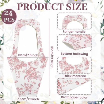 Fullhawl 24 Pack Flower Gift Bags for Bouquet, Craft Paper Flower Bouquet Holders with Handles, Floral Wrapping Bags for Bridal Shower Wedding Bachelorette Engagement Party Supplies(Pink)