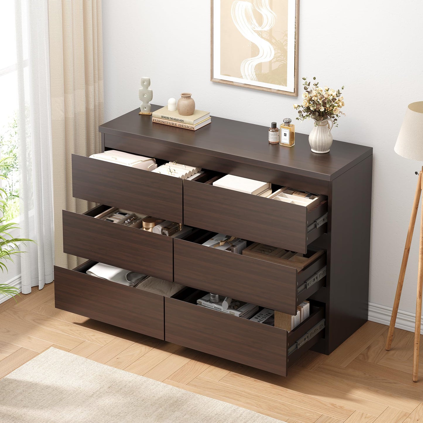 Jocoevol Modern 6 Drawer Dresser - Simply Chest of Drawers for Bedroom, Closet, Living Room, Hallway, Entryway, Wood Storage Double Dresser with Smooth Metal Rails - Retro Brown