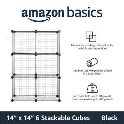 Amazon Basics 6 Cube Wire Grid Storage Organizer, Stackable Cubes, Cubby Bookcase, Display Shelf, 14" D x 14" W x 14" H, Black