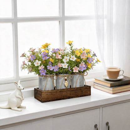 HEMYLU Artificial Gypsophila Baby's Breath, Rustic Table Centerpieces Home Decor for Dining Room, Farmhouse Wood Planter Box with 3 Galvanized Metal Pots Decorative Table Centerpiece