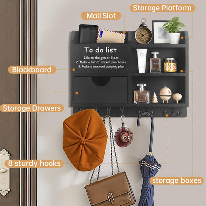 Key Holder Wall Mount, 14.5x11.2x3.5'' Larger 3-Tier Shelf 8 Hooks Drawer Storage,Wooden Key and Mail Holder for Wall,Farmhouse,Home,Living Room,House,Office Decor,Hats,Bag,Dog Leash Hanger Organizer