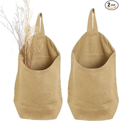 100% Linen Hanging Storage Bags Baskets 2 Pcs, Small Wall Storage Bag
