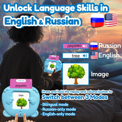 MoLingvora Bilingual Talking Flash Cards for Kids - Russian English Flashcards Children Adults, 510 Sight Words, ABC Alphabet, Pocket Speech for Toddlers, Audible Sensory Toys (Russian, Blue)
