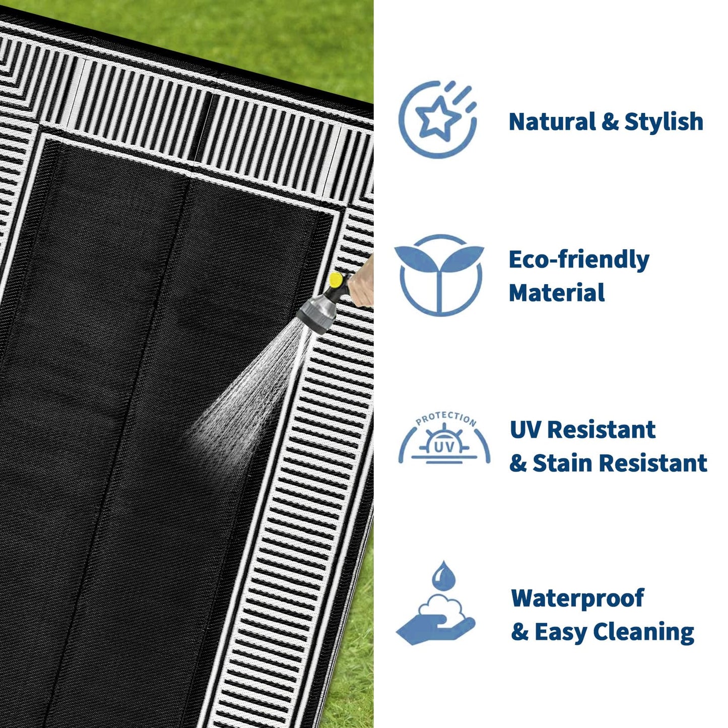 Garvee 9x12 Outdoor Rug for Patio Plastic Straw Rug Waterproof Reversible Mat Lightweight Foldable Carpet Easy Clean Large Rugs for Patio Porch Backyard Camping RV Beach Balcony Deck Border Black