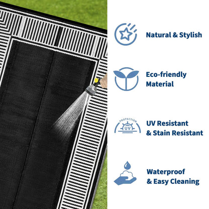 Garvee 9x12 Outdoor Rug for Patio Plastic Straw Rug Waterproof Reversible Mat Lightweight Foldable Carpet Easy Clean Large Rugs for Patio Porch Backyard Camping RV Beach Balcony Deck Border Black