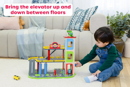 Jasey's Toy Chest Wooden Busy Wheels Garage Playset | 3-Level Wooden Garage with Elevator, Car Wash, Gas Station & Helipad + 2 Cars & 1 Helicopter | for Toddlers Ages 3+