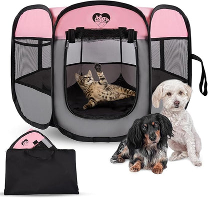 Dog Cat Playpen,Portable Foldable Tent-Outdoor Pet Crate Cage for Small Dogs,Travel Camping Use for Small Animals with Carrying Case,Indoor Enclosure for Puppy/Cats/Rabbits(Pink, S)