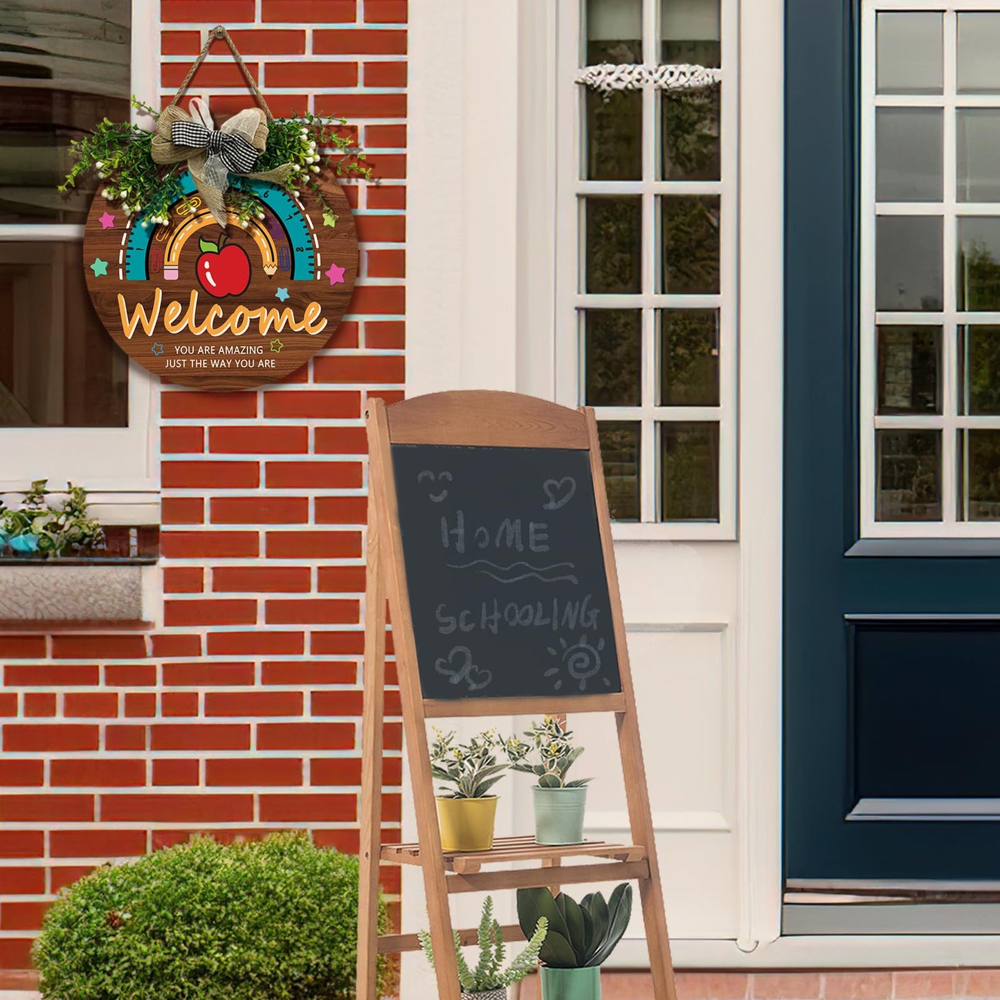 Dacawin Teacher Classroom Door Sign Wooden Welcome Door Sign for Classroom Apple Star Flower Teacher Wreath for Classroom Door Rainbow Hanging Plaque Kids Classroom 12 inch