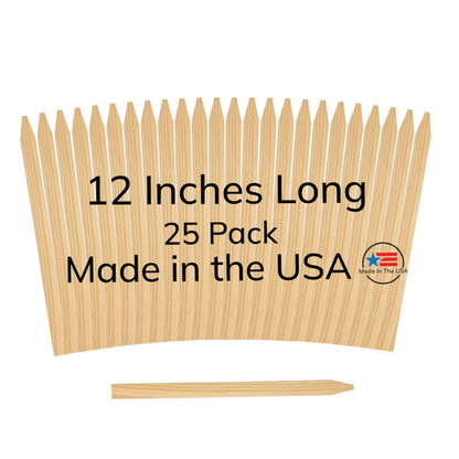 25 Pack Wooden Garden Stakes, 12" Long x 3/4" Wide, Made in USA Pine Plant Markers, Chisel Point Yard Stakes for Gardening, Row Labels, Signs & Crafts
