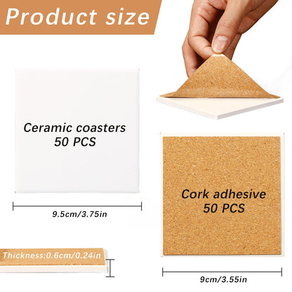 50 Pack Square Sublimation Blank Ceramic Coasters with Cork Backing, 4X4inch Matte Finish Blank Ceramic Tiles Crafts Coasters Pads for Sublimation Transfer Heat Press Printing DIY Crafts