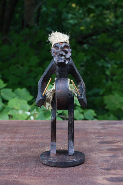 G6 Collection Wooden Handmade Primitive Tribal Statue - Hand Carved Teak Wood Tiki Playing a Bass Drum Musician Funny Sculpture - Unique Art Gift - Tropical Home Decor Accent Shelf - 8.5 inch