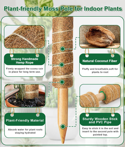 EAONE 96'' Moss Pole for Plants Indoor, 6 Pack 16” Monstera Plant Support Moss Stick for Climbing Plants, Stackable Coir Totem Pole Monstera Stakes with 12 Plant Labels & 100 Ties for Potted Plants