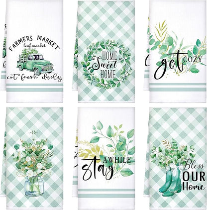 Set of 6 Eucalyptus Kitchen Towels Green Leaves Dishtowels Absorbent Spring