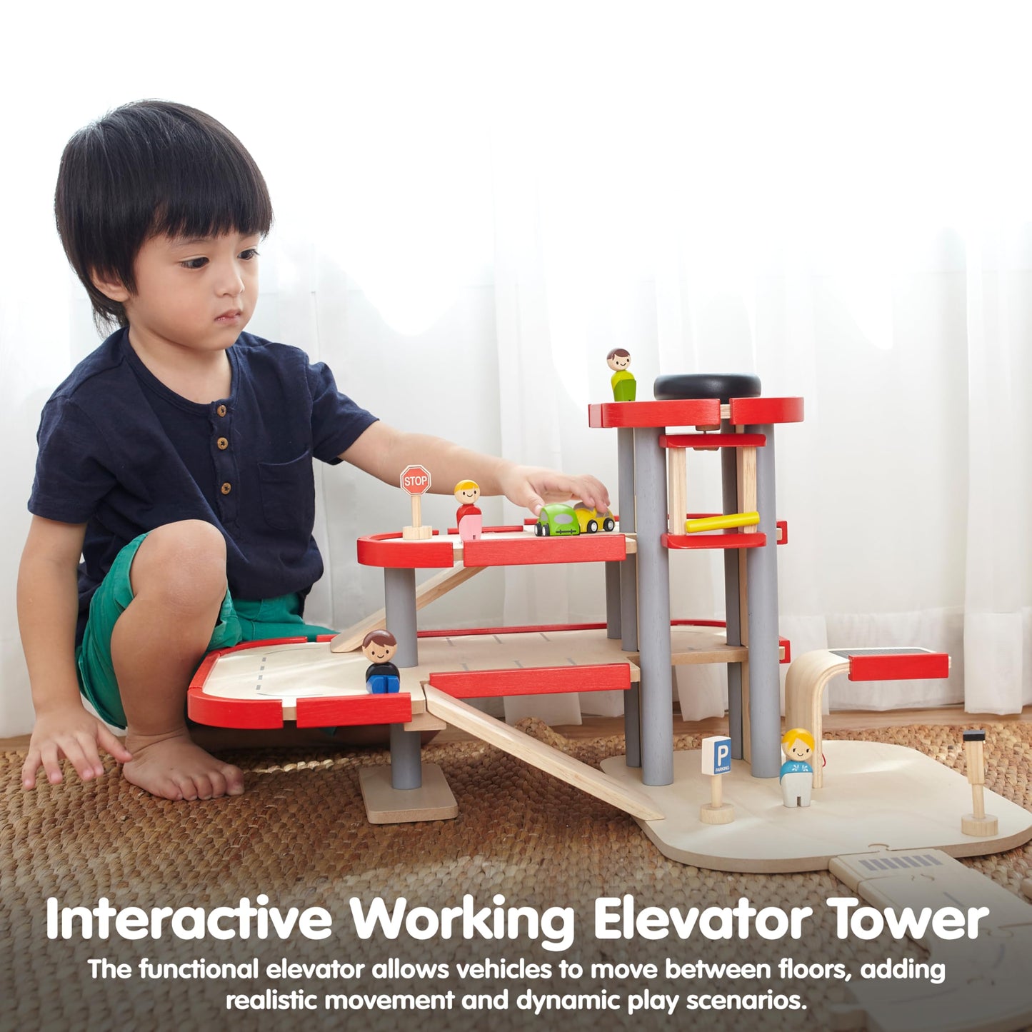 PlanToys® Parking Garage Wooden Montessori Imaginative and Creative Play Set | Problem Solving, Social Interaction and Early Coordination Activity | Eco Friendly Vehicle and Ramp Play Set
