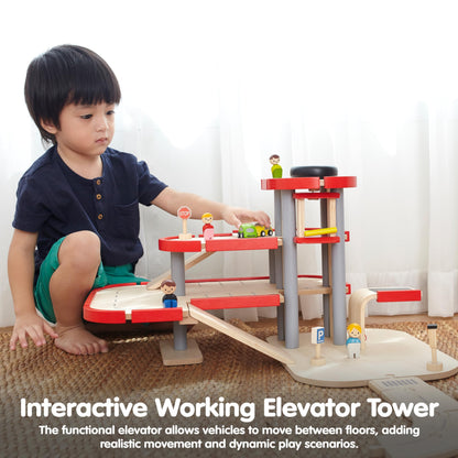 PlanToys® Parking Garage Wooden Montessori Imaginative and Creative Play Set | Problem Solving, Social Interaction and Early Coordination Activity | Eco Friendly Vehicle and Ramp Play Set