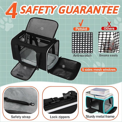 Petskd Small Pet Carrier with Wheels (17" L x 12" W x 8.5" H), JetBlue/Allegiant/Spirit Airlines Approved, Rolling Pet Carrier for Small Dogs & Cats (Black)