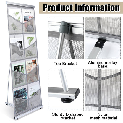 Outus Mesh Literature Brochure Holder with 8 Pocket Portable Magazine Display Roll Up Magazine Rack Lightweight Floor Standing Catalog Office Brochure Display Stand for Business Trade Shows