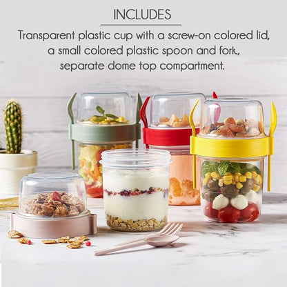 Crystalia 4 Pack 22 oz On The Go Yogurt Parfait Cups with Lids & Spoon, Large Breakfast Plastic Bowls with Topping Cereal Oatmeal Salad or Fruit Container for Snack Box
