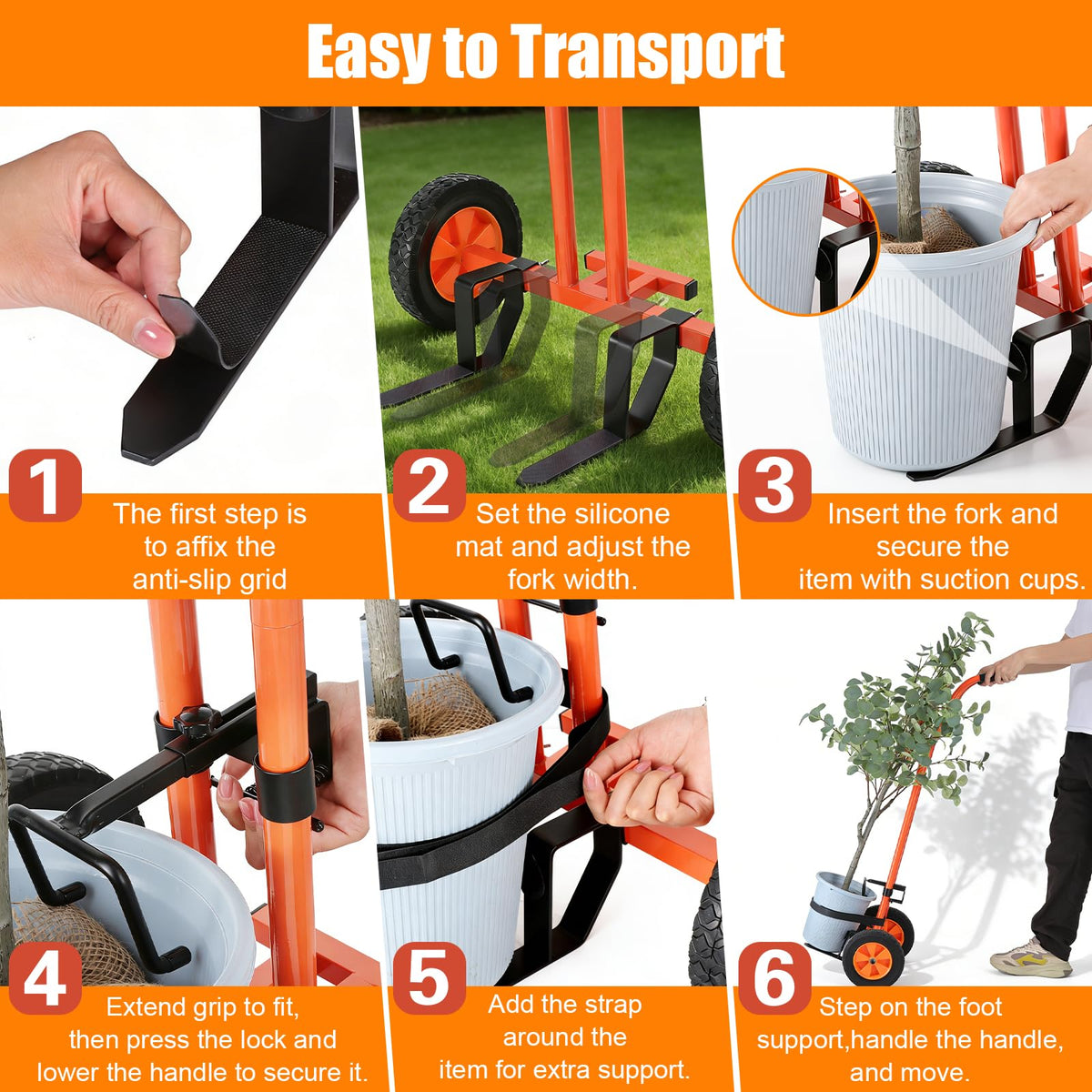 Plant Caddy with Wheels Heavy Duty Plant Dolly Cart with Non-Slip Silicone Grids Adjustable Arm, Straps, Suction Cup, Supports Plants Up to 175 lbs Indoor Outdoor T-Handle Plant Mover for Pots, Orange