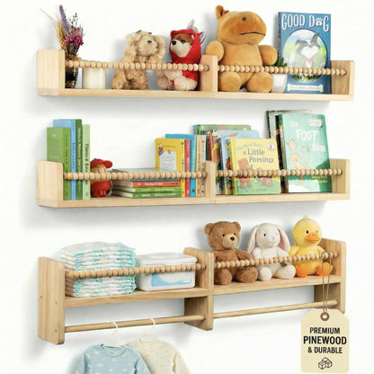 Stelzriede Nursery Shelves for Wall – Nursery Book Shelves with Hanging Rod – Set of 3 Wooden Wall-Mounted Shelves, Rounded Edges, Nursery Bookshelf for Kids Room Decor, 31.5" x 3.9" x 3.7"