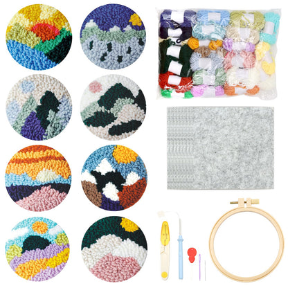 Soleeya 8-Piece Punch Needle Coaster Kit for Adults Beginners | DIY Landscape Patterns with Yarn, Hoop, Needle | Relaxing Rug Tufting Embroidery Craft Gift