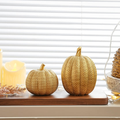 FESTGLOX Pumpkin Fall Decor Indoor - Gold Pumpkin for Decorating, 2Pcs Resin Pumpkins Decor with Woven Effect, Thanksgiving Table Centerpiece, Fireplace, Autumn Harvest Party Decorations