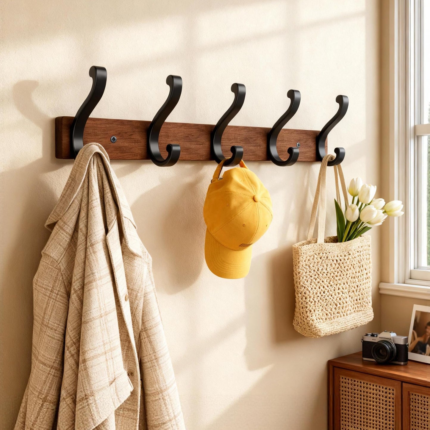 Jasopaco Solid Wood Wall Mounted Coat Rack, Heavy Duty 5 Hook Wooden Hanger with Metal Hooks for Hanging Hats, Coats, Towels, Backpack, Keys in Closet, Entryway, Bedroom, Bathroom, 2 Pack.