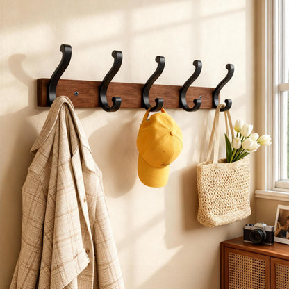 Jasopaco Solid Wood Wall Mounted Coat Rack, Heavy Duty 5 Hook Wooden Hanger with Metal Hooks for Hanging Hats, Coats, Towels, Backpack, Keys in Closet, Entryway, Bedroom, Bathroom, 2 Pack.