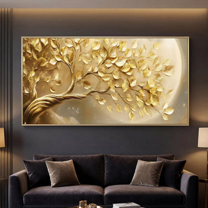 BirdSuite Gold Framed Golden Leaf Money Tree Wall Art, Luxury 3D Effect Canvas Print, Ready to Hang Wall Decor for Living Room Bedroom Office Dining Room Entryway, 58x29 Inch