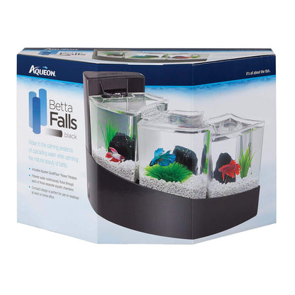 Aqueon Betta Falls 3 Section Aquarium Fish Tank With QuietFlow Power Filtration, Black